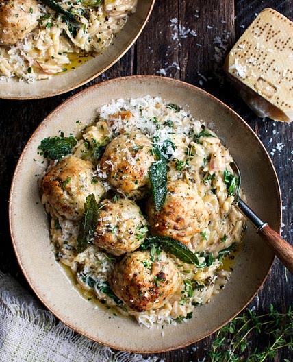 Baked Sage Chicken Meatballs with Parmesan Orzo