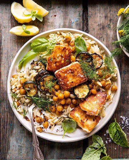 Crispy Lemon Feta with Spiced Chickpeas and Basil Orzo