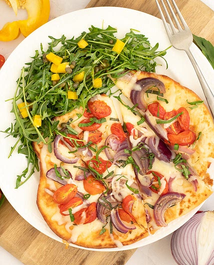 Roasted Tomato, Onion & Mozzarella Flatbread with Arugula-Caper Salad