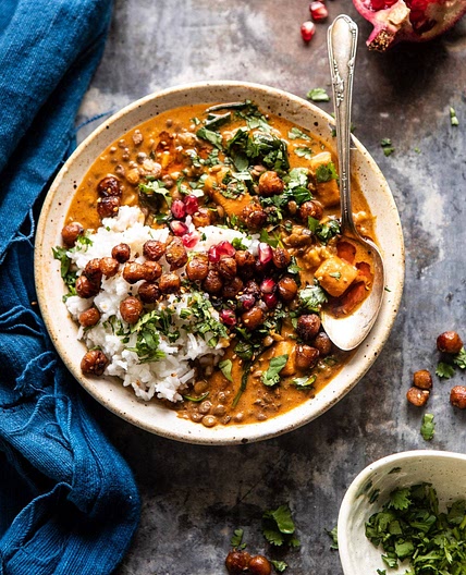 Sweet Potato Lentil Curry with Crispy Sesame Chickpeas