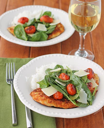 Chicken Milanese with Spinach and Burst Tomatoes