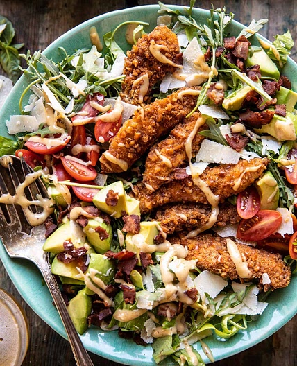 Honey Mustard Pretzel Chicken and Avocado Bacon Salad