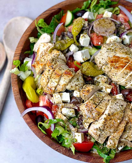Greek Salad with Marinated and Grilled Chicken Recipe