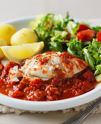 Cod Portugaise with boiled new potatoes and side salad