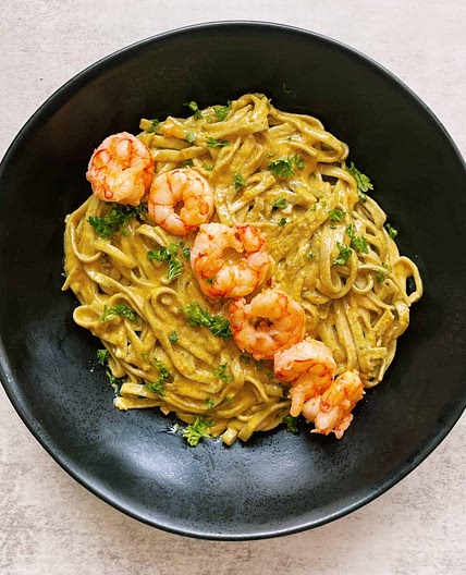 Creamy Shrimp Linguine with Yellow Curry Sauce