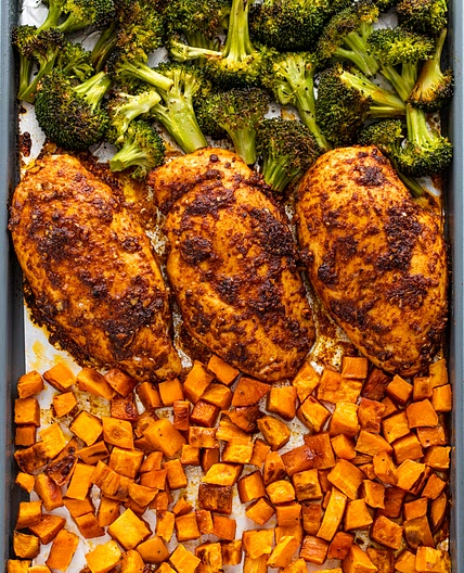 One-Pan Roasted Chicken, Broccoli & Sweet Potatoes + Meal Prep