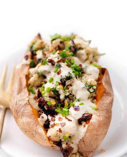 Vegan Stuffed Sweet Potatoes with Mediterranean Quinoa
