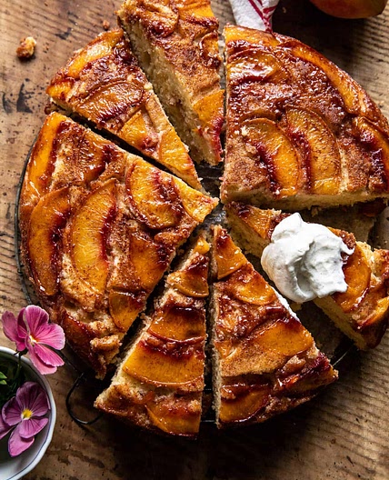 Cinnamon Sugar Peach Upside Down Skillet Cake