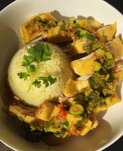 Hainanese Chicken Rice - steamed chicken with ginger & scallion sauce
