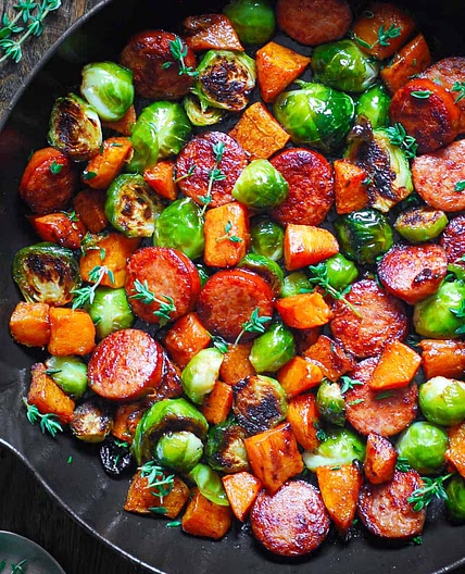 Autumn Sausage Dinner with Roasted Veggies (Butternut Squash and Brussels Sprouts)