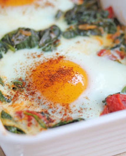 Baked Eggs with Spinach, Tomatoes and Garlic