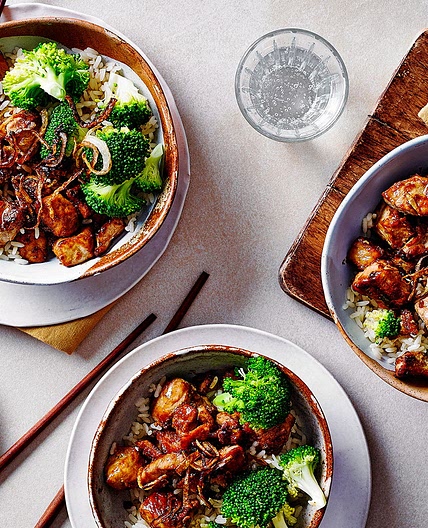 Pork teriyaki, rice and broccoli
