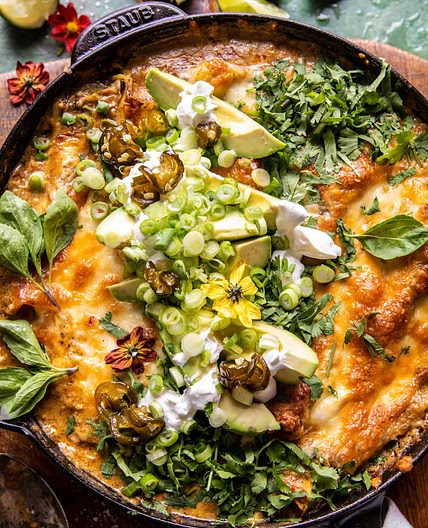 Easy Skillet Cheesy Green Chile Enchilada Bake