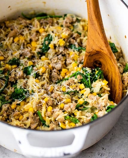 One-Pot Orzo with Sausage, Spinach and Corn