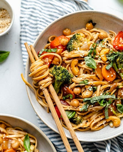 30 Minute Vegan Stir Fry Sesame Noodles with Chickpeas & Basil
