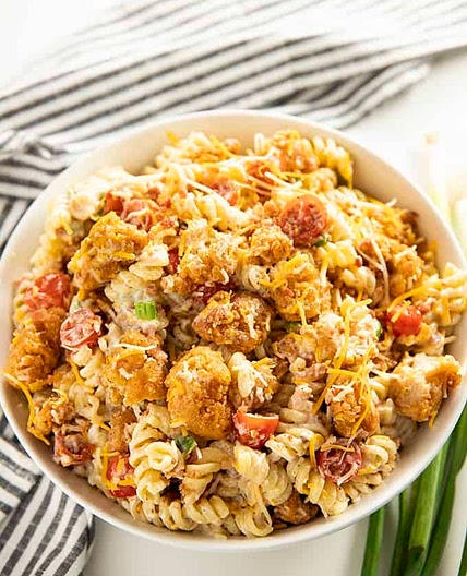 Popcorn Chicken Bacon Ranch Pasta Salad