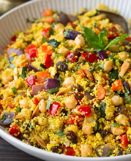 Moroccan Couscous with Roasted Vegetables, Chick Peas and Almonds