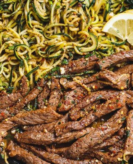 15-Minute Lemon Garlic Butter Steak with Zucchini Noodles