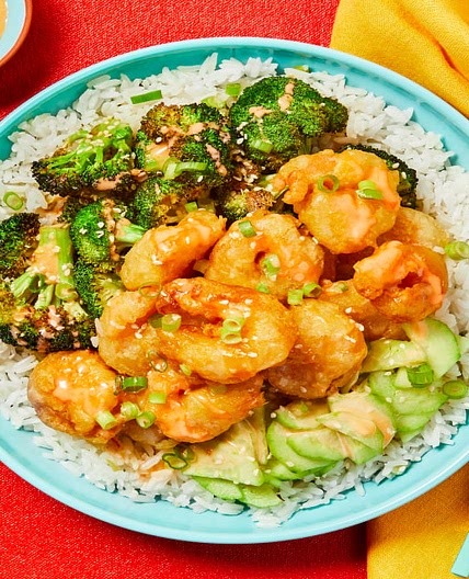 Sweet Heat Shrimp Tempura Bowls with Sesame-Roasted Broccoli & Quick Pickles