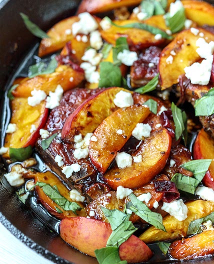 Skillet Balsamic Peach Pork Chops with Feta and Basil