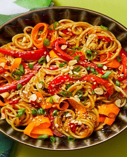Sesame Peanut Noodles with Bell Pepper and Carrot Ribbons
