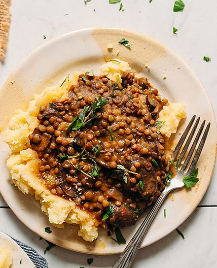 Lentil Mushroom Stew over Mashed Potatoes