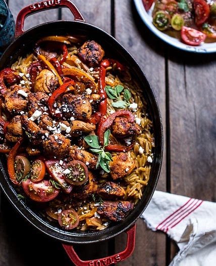 One-Pot Greek Oregano Chicken and Orzo with Tomatoes in Garlic Oil