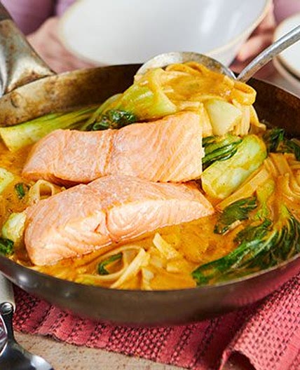 Thai noodle soup with salmon