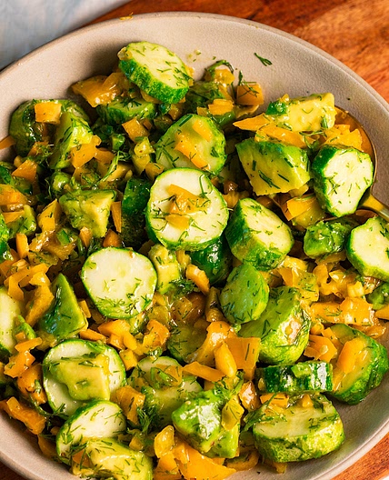 Cucumber Sweet Pepper and Avocado Salad with Lemon Honey Mustard Dressing
