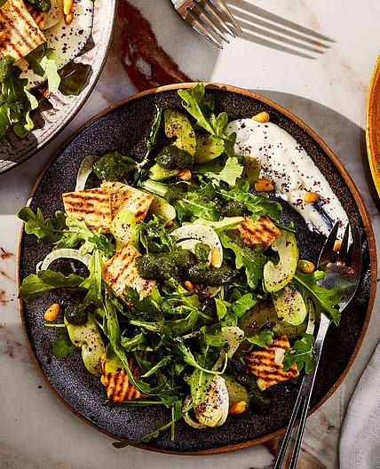 Celery Salad with Pine Nuts, Arugula, Feta, and Pita