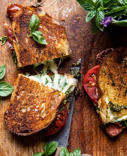 Crispy Prosciutto, Sage Pesto, and Tomato Grilled Cheese