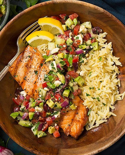 Grilled Salmon with Avocado Greek Salsa and Orzo