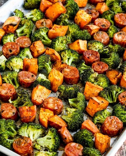 Roasted Sweet Potatoes, Sausage, and Broccoli Sheet Pan Meal