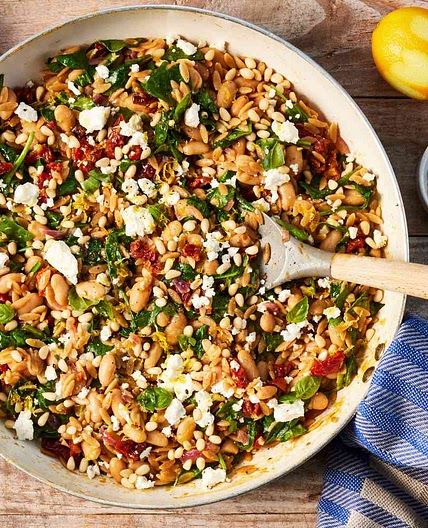 One-Pot White Bean, Spinach & Sun-Dried Tomato Orzo with Lemon & Feta