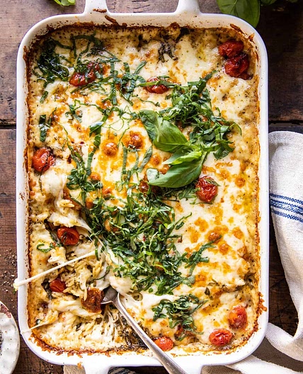 Easiest One Pan Caprese Pesto Orzo Bake