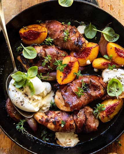 Prosciutto Balsamic Peach Chicken with Burrata and Basil