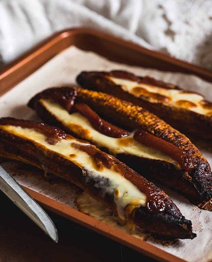 Baked Plantains with Guava and Cheese (Plátanos Asados con Bocadillo y Queso)