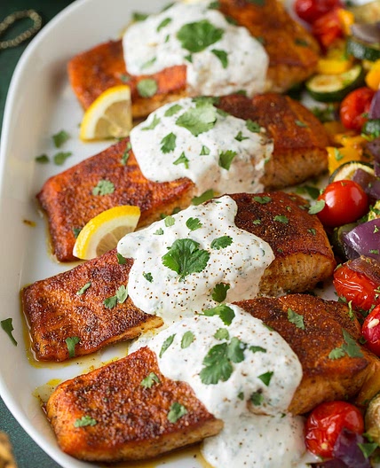 Moroccan Spiced Salmon with Lemon Yogurt Sauce