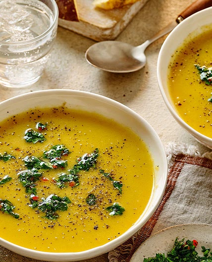 Spiced swede and carrot soup with chimichurri
