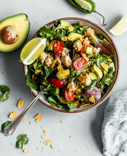 Guacamole Greens Salad with Lime Cilantro Jalapeño Vinaigrette