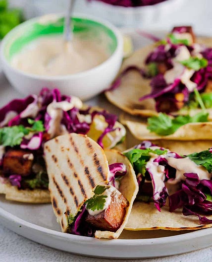 Easy tofu tacos recipe with cabbage slaw and avocado