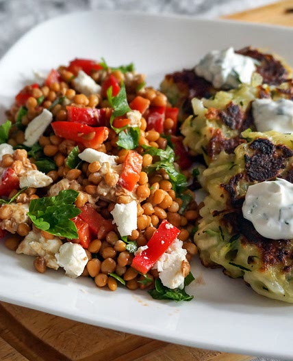 Zucchini & Potato Fritters with Lentil, Bell Pepper & Goat Cheese Salad