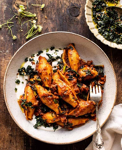 Unstuffed Spicy Tomato Basil Shells with Whipped Ricotta