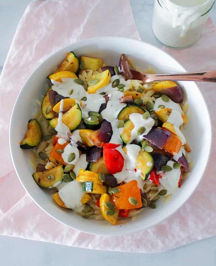 Creamy Vegan Orzo Bowl with Herby Yogurt Sauce