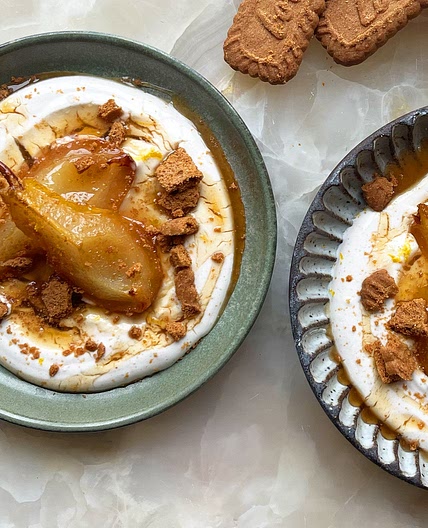 Roasted Pear with spiced ricotta yoghurt and crumbled biscuits