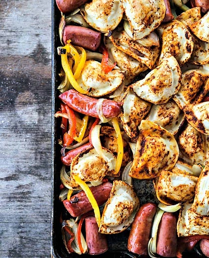 Kielbasa and Pierogies Sheet Pan Meal