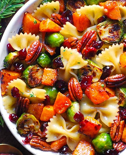 Butternut Squash Pasta Salad with Brussels Sprouts, Pecans, and Cranberries