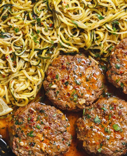Cheesy Garlic Burgers with Lemon Butter Zucchini Noodles