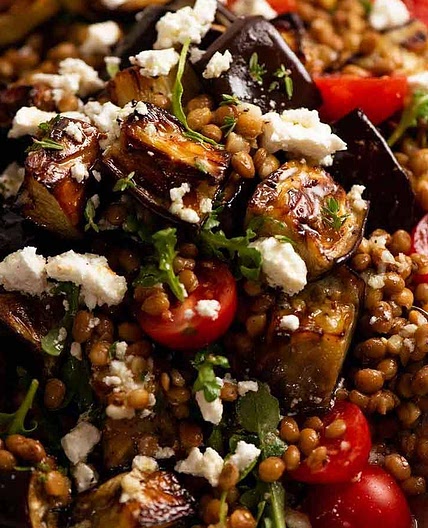 Roasted Eggplant Lentil Salad (Aubergine Salad)