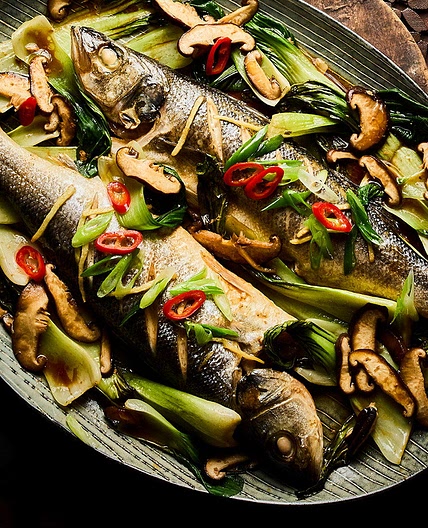Sea bass with shiitake, ginger and pak choi